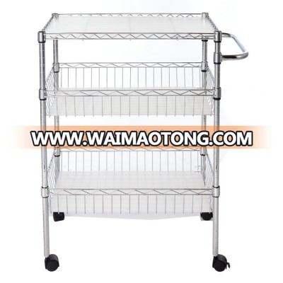 Kitchen cart 3 tier chrome metal wire basket with PP vegetable serving trolley carts